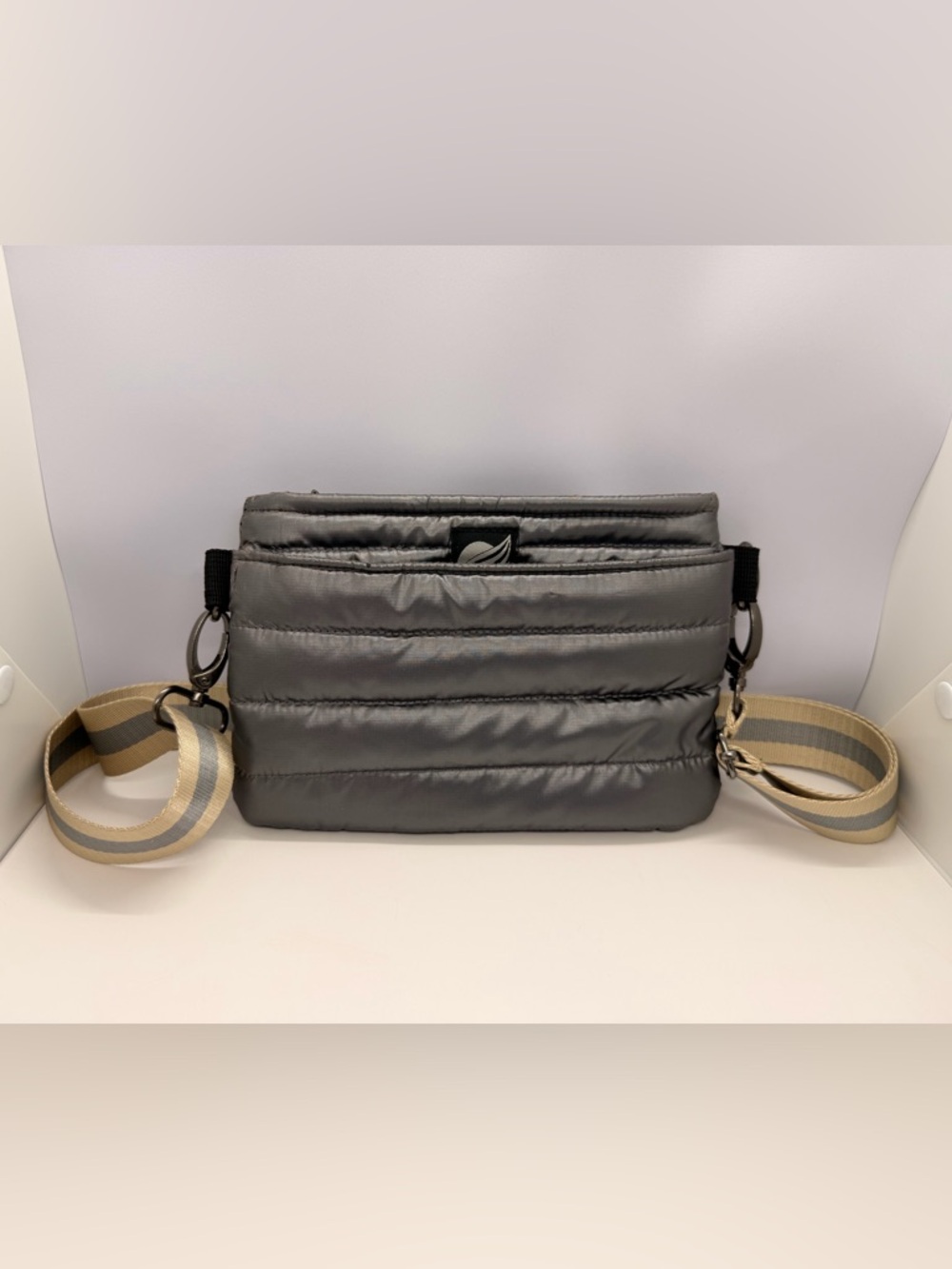 THINK ROYLN Quilted Crossbody Bag in Black with Beige-Gray Stripe Strap - Picture 3 of 13